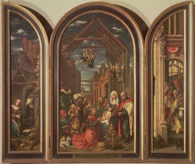 Drieluik, met de Aanbidding der Wijzen (midden), de Geboorte van Christus (links) en de Besnijdenis (rechts), c.1512 door Master of Frankfurt